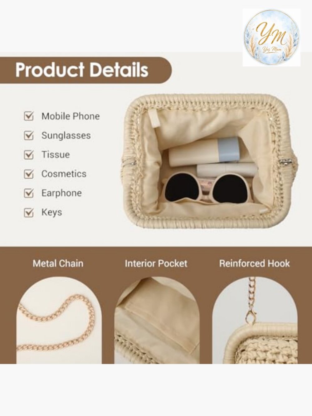 Hand-Woven Straw Clutch Purse with Detachable Chain Crossbody Bag - Picture 5 of 7